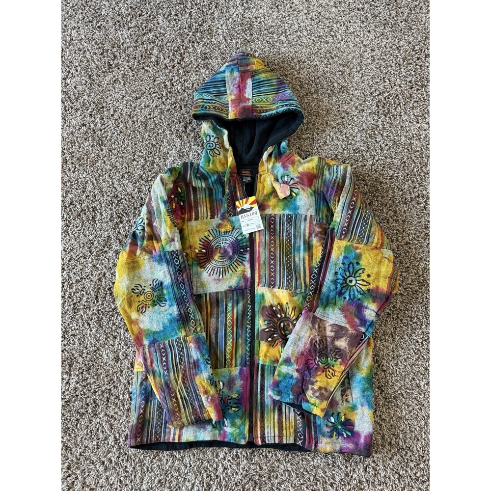 Rising International Size XL Zip Hoodie Jacket Boho Art 100% Cotton Nepal